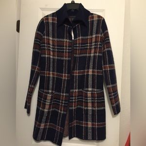 NWT Tahari Navy Blue Plaid Wool Blend Long Cardigan Sweater w/Pockets Size XS